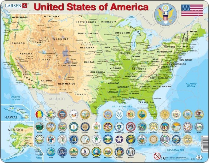 LARSEN Puzzle USA - zeměpisná mapa (anglicky) 90 dílků - obrázek 1