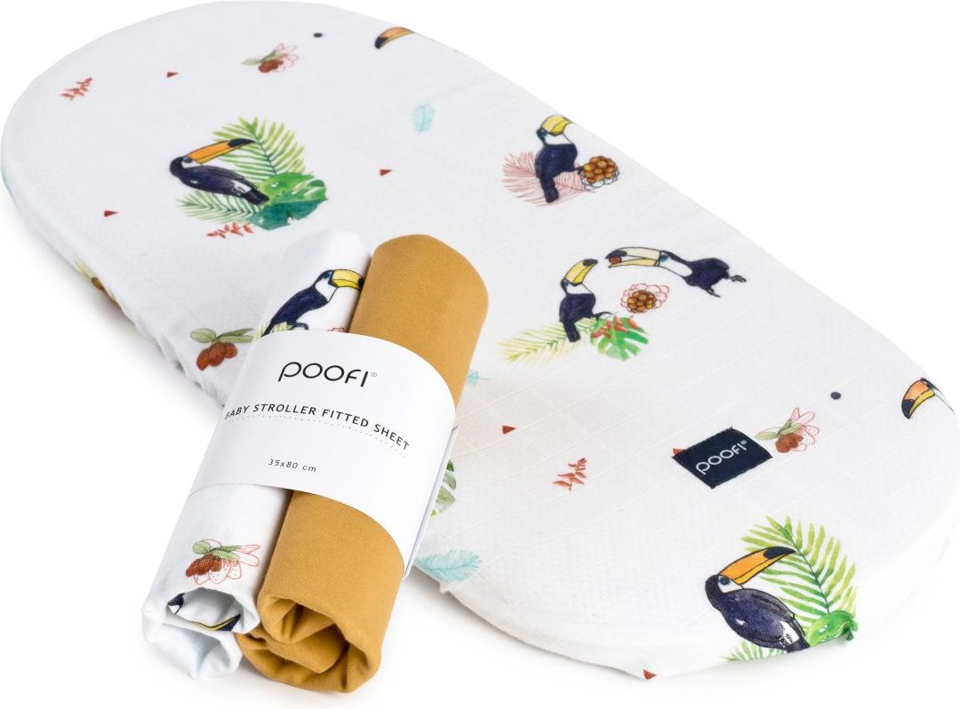 POOFI Organické prostěradlo do kočárku 75 x 35cm (potisk Tukan a hořčicová barva) 2 ks - obrázek 1