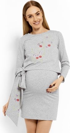 Be MaaMaa Elegantní těhotenské šaty, tunika s výšivkou a stuhou, L/XL - sv. šedé (kojící) - obrázek 1