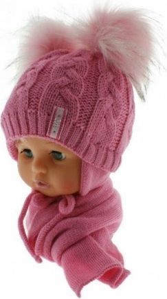 BABY NELLYS Zimní čepička s šálou - chlupáčkové bambulky - tm. růžová/sv. růžové - obrázek 1
