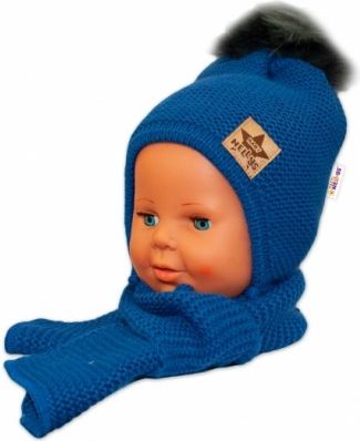 BABY NELLYS Zimní čepička s šálou - chlupáčková bambulka - granátová/tm. šedá - obrázek 1