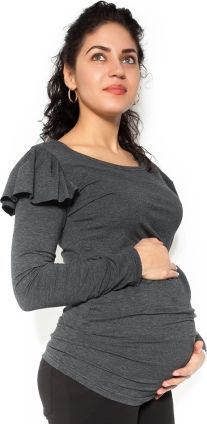 Be MaaMaa Těhotenské triko dlouhý rukáv FANNY s volánkem - tm. šedé - M - obrázek 1