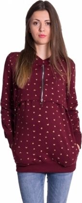 Be MaaMaa Těhotenská a kojící mikina se zipem a kapucí, srdíčka - bordo, vel. XXXL - obrázek 1