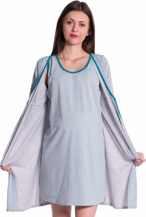 Be MaaMaa Těhotenská, kojící noční košile + župan - tečky, zelená, vel. XXL - obrázek 1