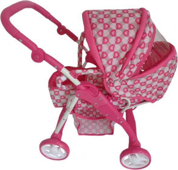 BABY MIX Dětský kočárek pro panenky 2v1 Baby Mix růžový - srdíčka - obrázek 1