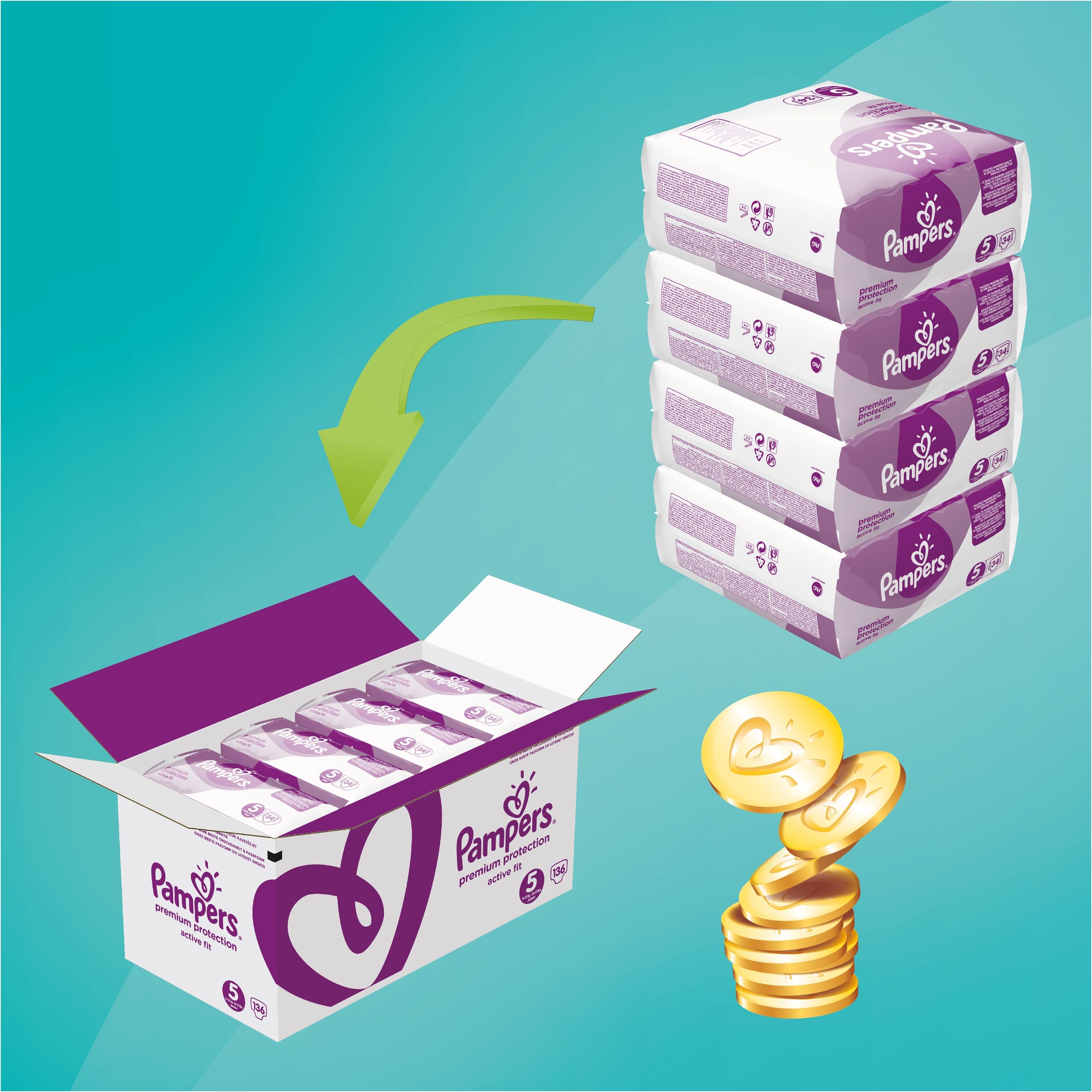 PAMPERS Active Fit 5 JUNIOR 136 ks (11 - 23 kg), MĚSÍČNÍ ZÁSOBA - jednorázové pleny - obrázek 2