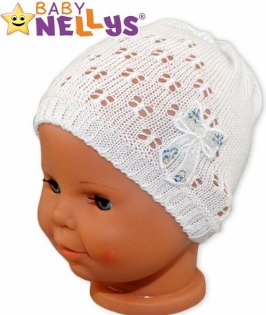 Háčkovaná čepička Mašle Baby Nellys ® - s flitry - bílá, Velikost koj. oblečení 36/40 čepičky obvod - obrázek 1
