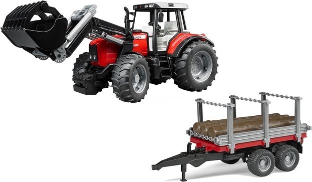 Bruder Traktor Massey Ferguson 7480 s čelním nakladačem a přepravníkem klád - obrázek 1