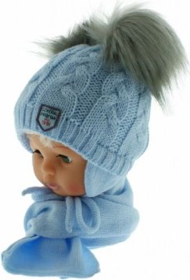 BABY NELLYS Zimní čepička s šálou - chlupáčkové bambulky - sv. modrá/šedé - obrázek 1