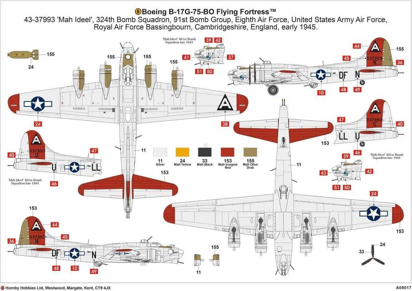 AIRFIX Classic Kit letadlo A08017A - Boeing B17G Flying Fortress - New Schemes (1:72) - obrázek 3