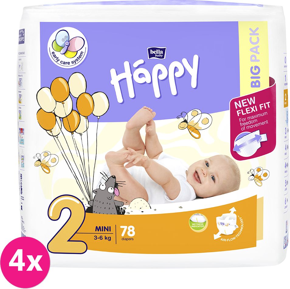 4x BELLA HAPPY Mini 2 (3-6kg) Big Pack 78 ks - jednorázové plenky - obrázek 1
