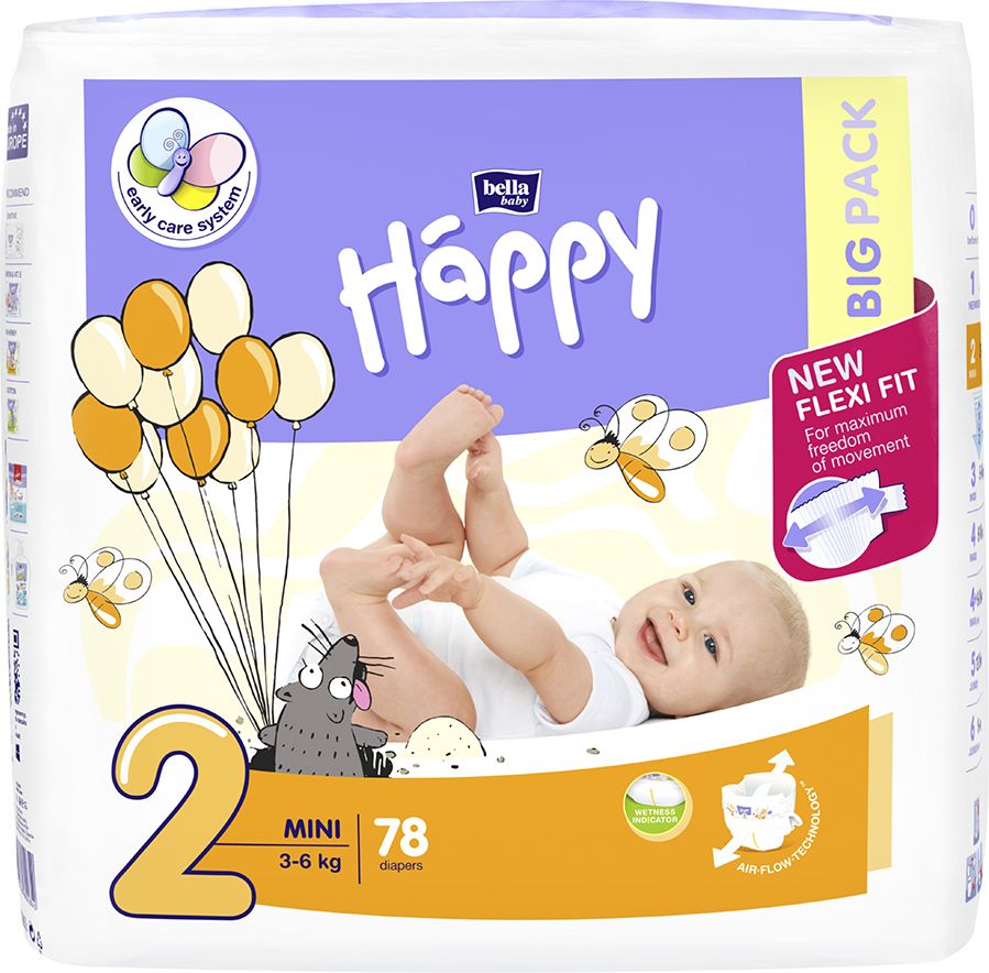 4x BELLA HAPPY Mini 2 (3-6kg) Big Pack 78 ks - jednorázové plenky - obrázek 2