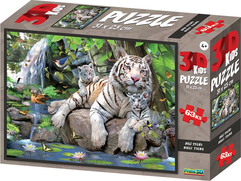 3D PUZZLE - Bílí tygři 63 ks - obrázek 1