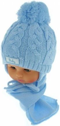 Zimní pletená čepička s šálou Baby Bear - modrá s bambulkou - obrázek 1
