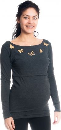 Těhotenské, kojící triko/halenka dl. rukáv s potiskem motýlků - grafitové, vel. XL - obrázek 1