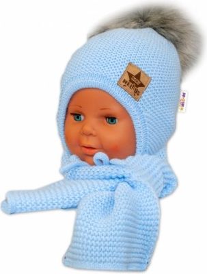 BABY NELLYS Zimní čepička s šálou - chlupáčková bambulka - sv. modrá/šedá - obrázek 1