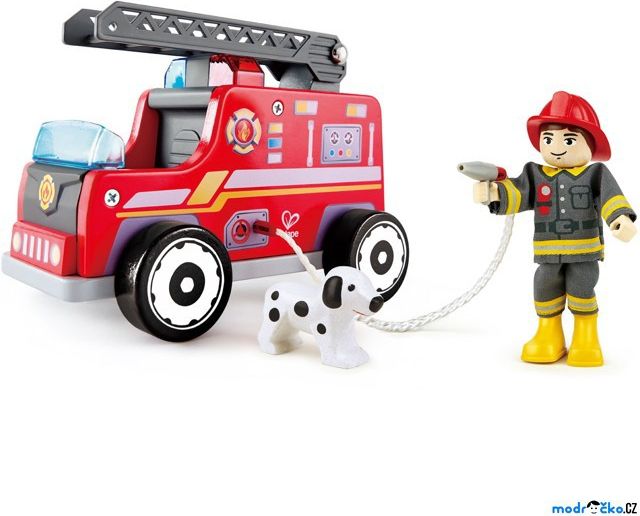 Auto - Hasičský vůz s hasičem dřevěný (Hape) - obrázek 1