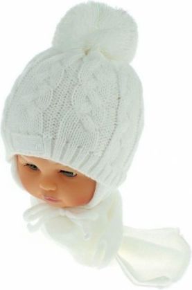 Zimní pletená čepička s šálou Baby Bear - bílá s bambulkou - obrázek 1