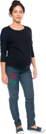 Be MaaMaa Těhotenské kalhoty/jeans s potiskem růže, granátové, vel. XL - obrázek 1