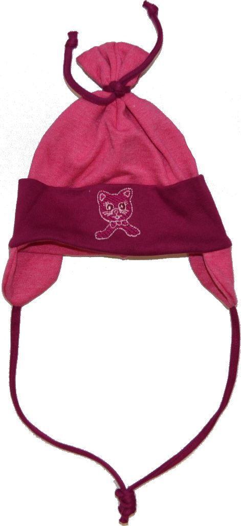 Bavlněná elastická čepička pro miminko, Dráček, růžová s kočičkou, Výprodej - obrázek 1