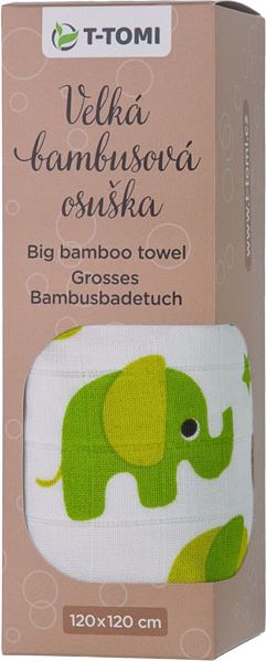 T-TOMI BIO Velká bambusová osuška 120 x 120 cm – green elephants - obrázek 2