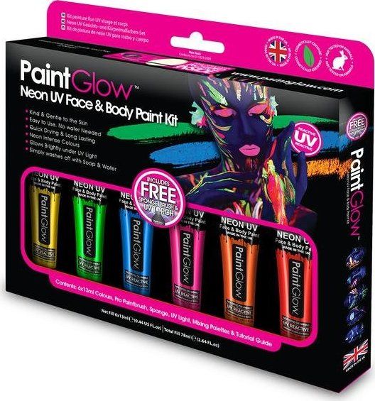 PAINTGLOW Sada neonových UV barev na obličej a tělo s UV světlem - obrázek 1