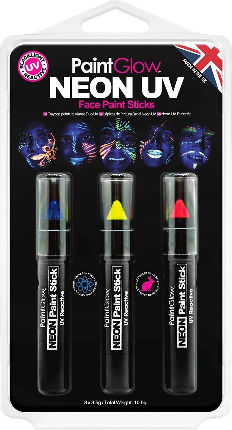 PAINTGLOW Sada neonových UV tužek na obličej (modrá, žlutá, oranžová) - obrázek 1