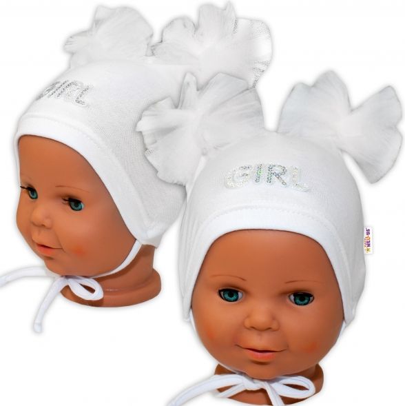 Baby Nellys Bavlněná čepička na zavazování Baby Nellys s mašličkami Tutu - bílá 38/40 čepičky obvod - obrázek 1