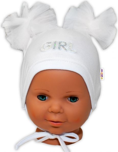 Baby Nellys Bavlněná čepička na zavazování Baby Nellys s mašličkami Tutu - bílá 38/40 čepičky obvod - obrázek 2