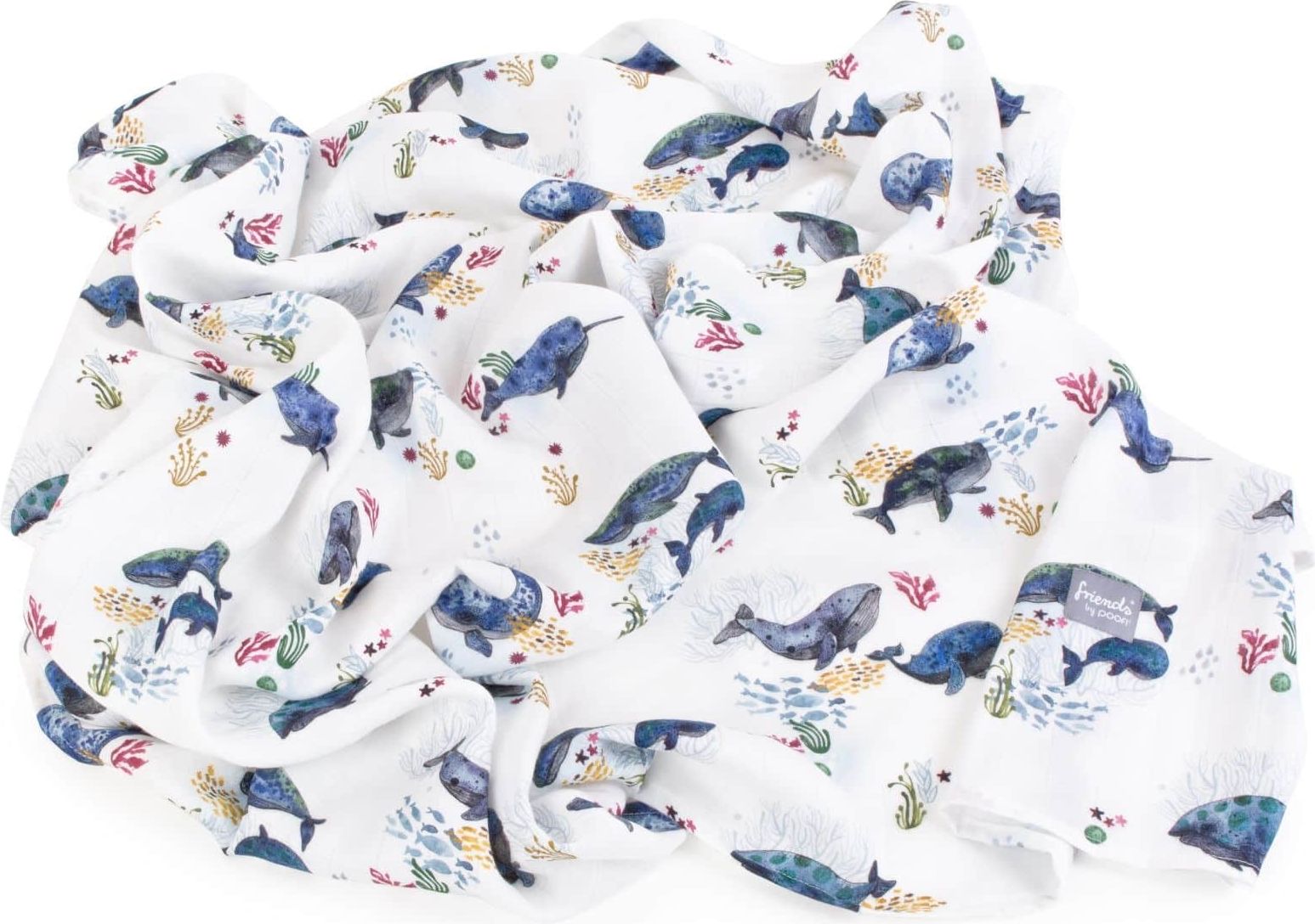 POOFI Bambusové swaddle bílá OCEAN s potiskem Velryby; 120 x 120 cm; 1ks; - obrázek 1