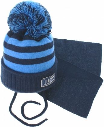 Zimní pletená čepička s šálou No.1 Team - proužky granát/modrá - obrázek 1