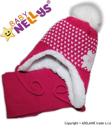 BABY NELLYS Zimní čepička s kožíškem a šálou Lili - sytě růžová,fuksijová - obrázek 1