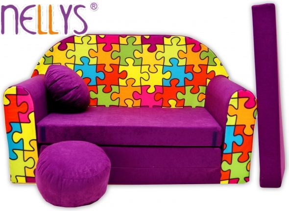 Rozkládací dětská pohovka Nellys ® 68R - Puzzle fialové - obrázek 1