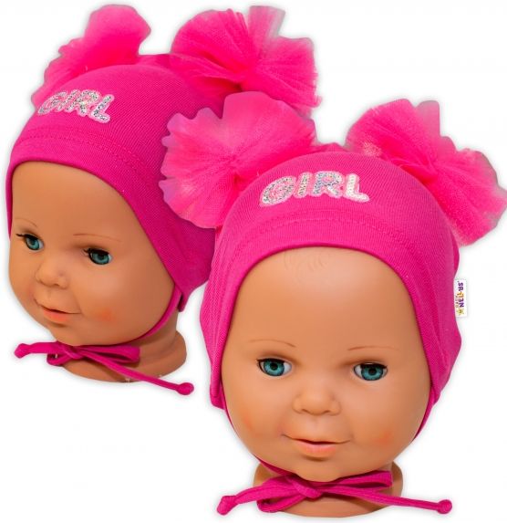 Baby Nellys Bavlněná čepička na zavazování Baby Nellys s mašličkami Tutu - tm. růžová 38/40 čepičky obvod - obrázek 1