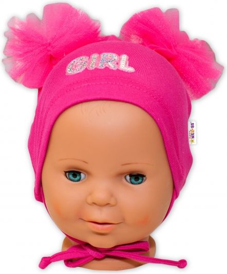 Baby Nellys Bavlněná čepička na zavazování Baby Nellys s mašličkami Tutu - tm. růžová 38/40 čepičky obvod - obrázek 2