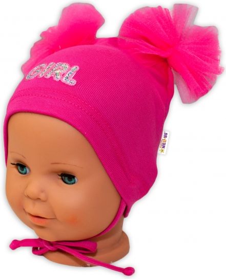 Baby Nellys Bavlněná čepička na zavazování Baby Nellys s mašličkami Tutu - tm. růžová 38/40 čepičky obvod - obrázek 3