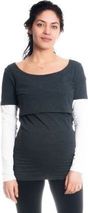 Be MaaMaa Těhotenské, kojící triko/halenka dlouhý rukáv Ria - grafit/bílé, vel. XL - obrázek 1