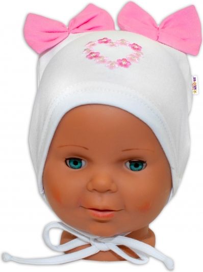 Baby Nellys Bavlněná čepička na zavazování Baby Nellys s mašličkami - bílá 38/40 čepičky obvod - obrázek 1