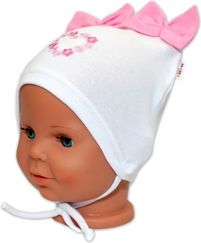 Baby Nellys Bavlněná čepička na zavazování Baby Nellys s mašličkami - bílá 38/40 čepičky obvod - obrázek 2
