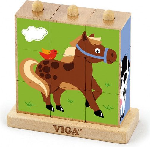 Dřevěné puzzle kostky na stojánku Viga Farma - obrázek 1