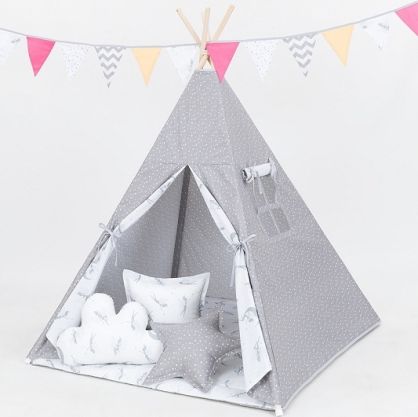 Mamo Tato Stan pro děti teepee, týpí s výbavou - mini hvězdičky bílé na šedém/víly šedé - obrázek 1