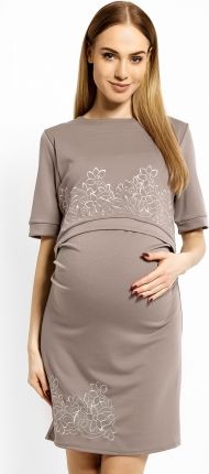 Elegantní těhotenské šaty, tunika s výšivkou, kr. rukáv, L/XL - cappuccino (kojící) - obrázek 1