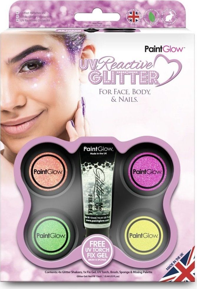 PAINTGLOW Sada třpytek UV Reactive Glitter s fixačním gelem a UV světlem - obrázek 1