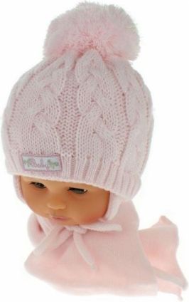 Zimní pletená čepička s šálou Baby Bear - růžová s bambulkou - obrázek 1