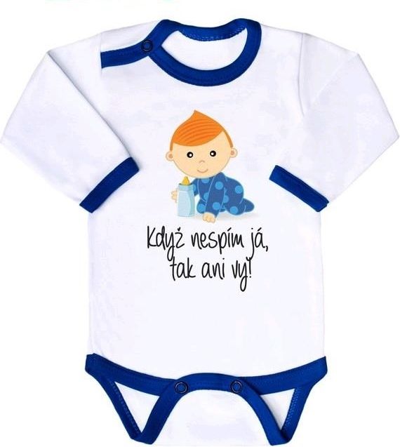 Dětské body New Baby s českým nápisem, Když nespím já, tak ani vy, modré, vel.62 - obrázek 1