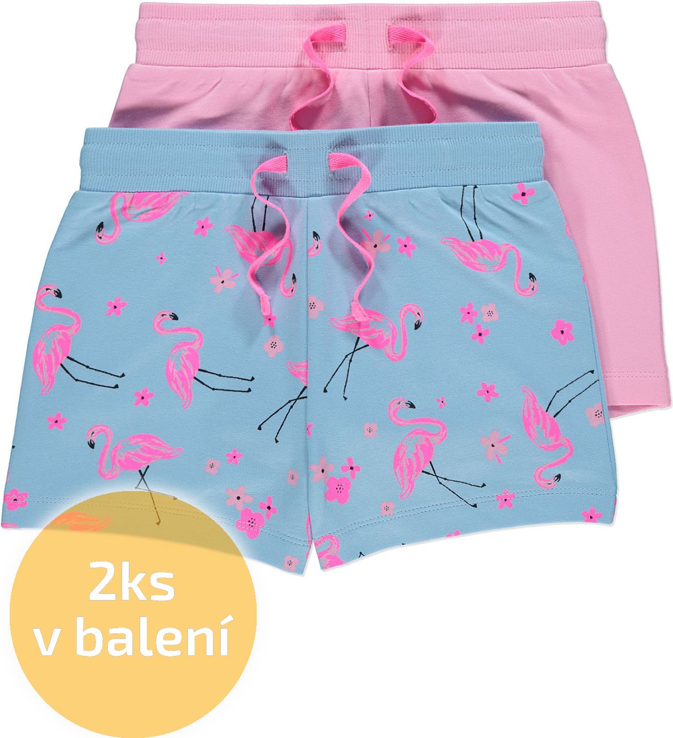 Dívčí kraťasy GEORGE, 2ks v balení, modré a růžové, motiv plameňák Velikost: 104 - 110cm (4 - 5 let) - obrázek 1