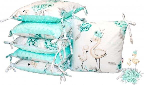 Polštářkový mantinel Baby Nellys, Plameňák, minky - mátová - obrázek 1