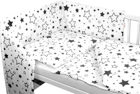 3-dílná sada - mantinel s povlečením - Černé hvězdy a hvězdičky - bílý, 135x100 cm - obrázek 1