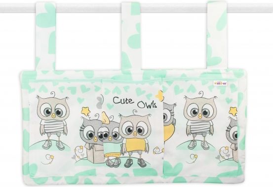 Baby Nellys  Kapsář na postýlku 3 kapsy - Cute Owls - zelený - obrázek 1