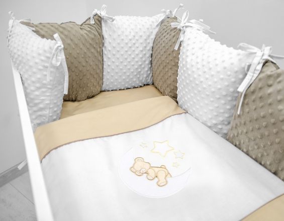 Baby Nellys Polštářkový mantinel s Minky s povlečením s vyšívkou - béžová,bílá, Měsíček - obrázek 1